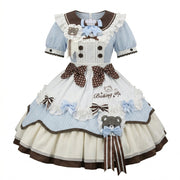 Blue and Brown Ruffled Bear Lolita Dress with Bow Accent