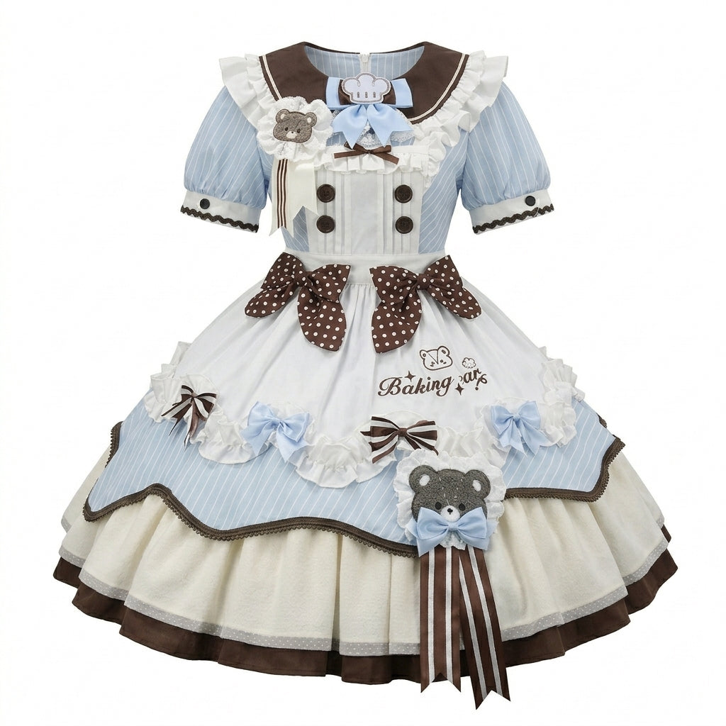 Blue and Brown Ruffled Bear Lolita Dress with Bow Accent