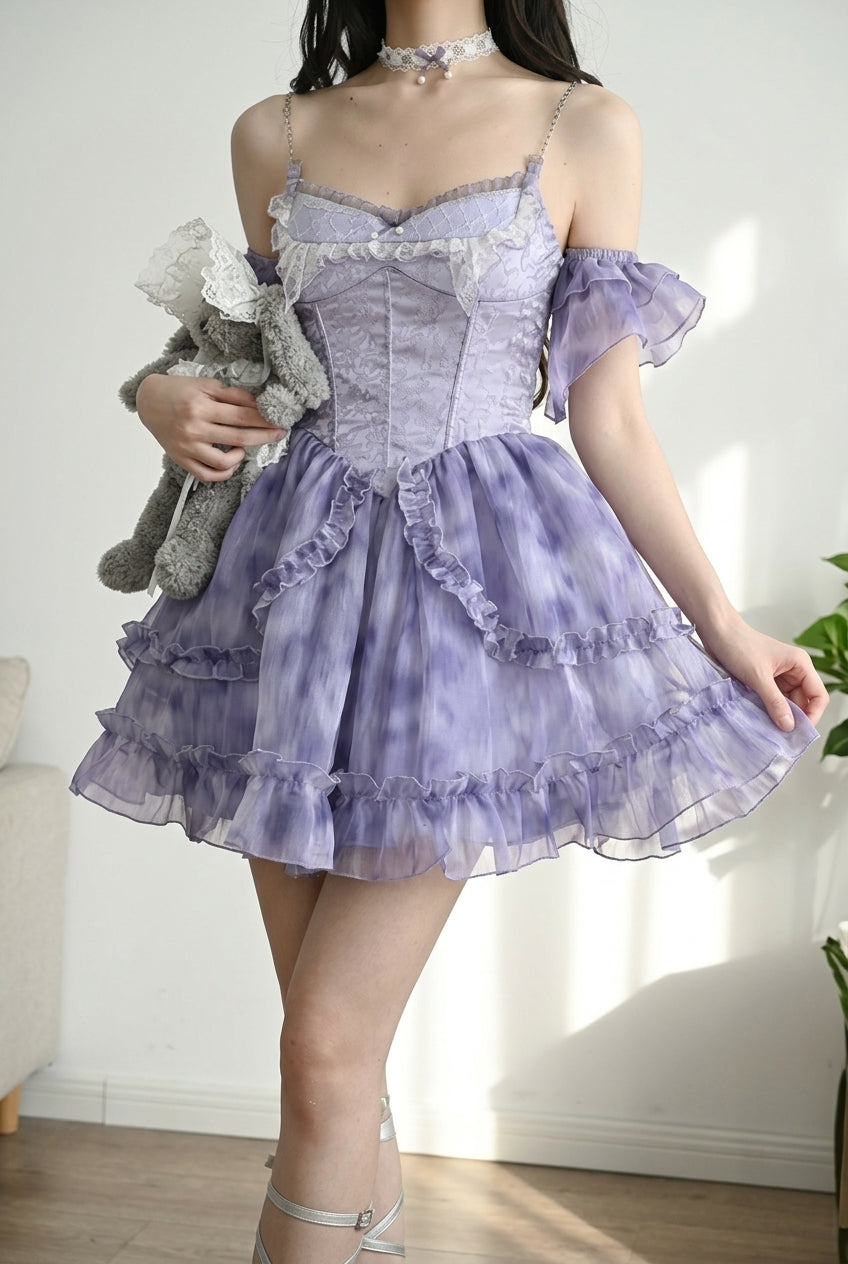 Blue Ruffle Lace Tie-dyed Print Fake Two Pieces Sweet Princess (Dress Only) detail view 16