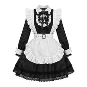 Black Striped Maid Lolita Dress with Apron Bow Accent