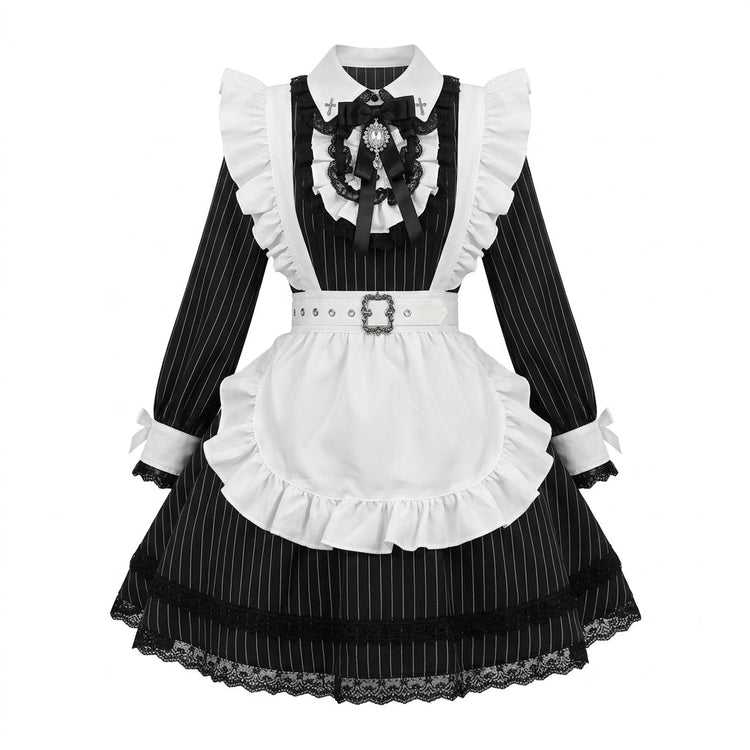Black Striped Maid Lolita Dress with Apron Bow Accent