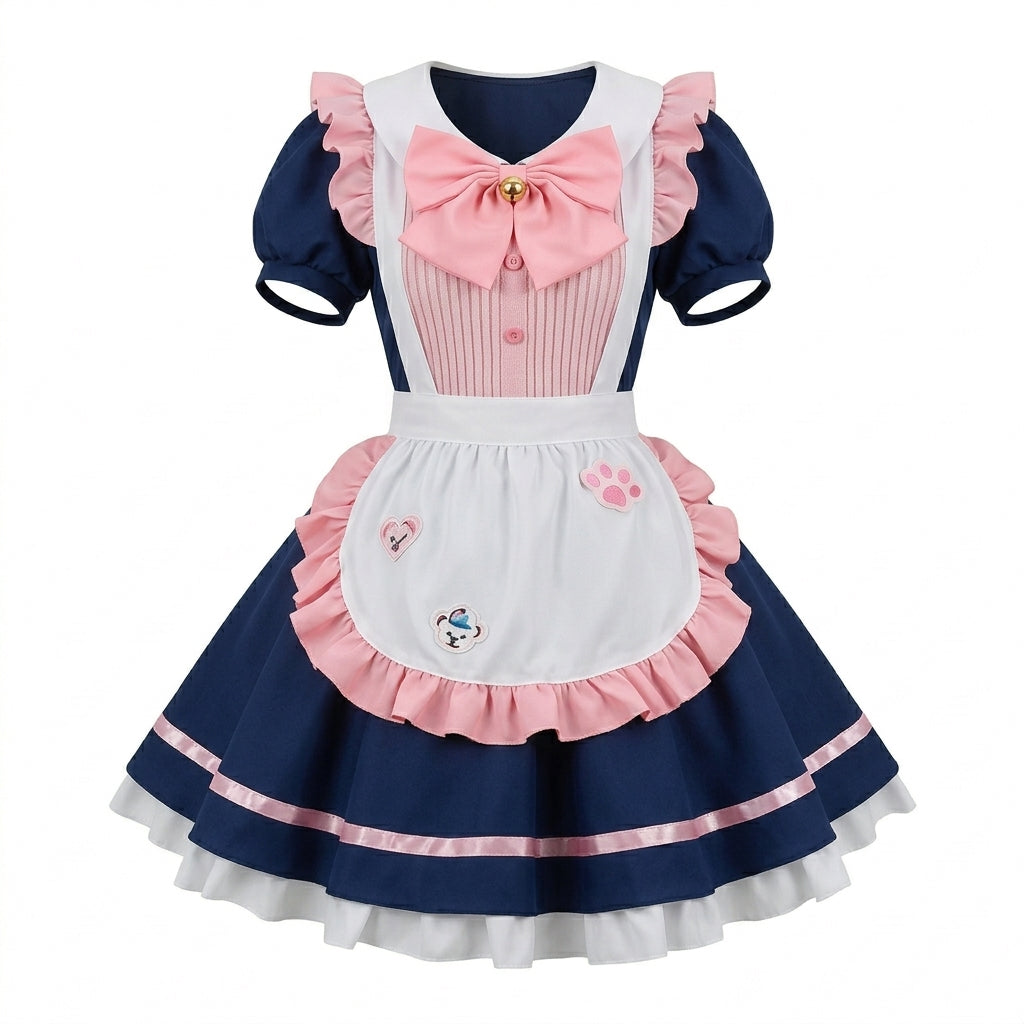Black and Navy Blue Ruffled Maid Style Dress with Apron Bow Accent - view 4