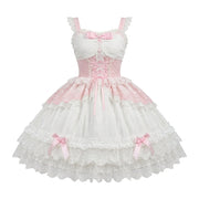 Pink and Light Blue Ruffled Lace Strap Dress with Bow Accent - view 6