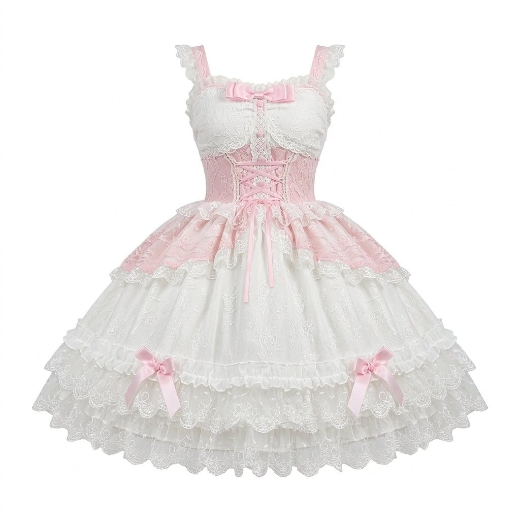 Pink and Light Blue Ruffled Lace Strap Dress with Bow Accent - view 6