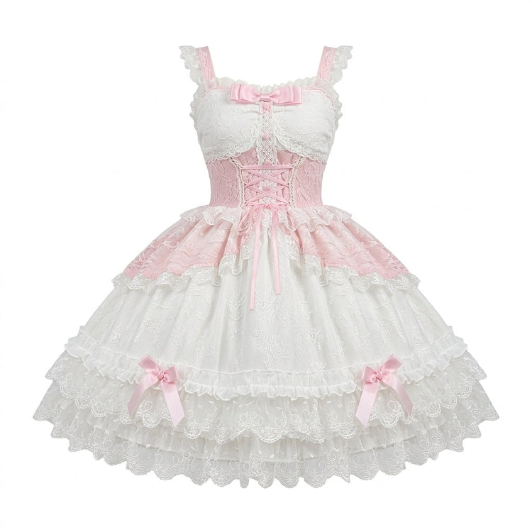 Pink and Light Blue Ruffled Lace Strap Dress with Bow Accent - view 6