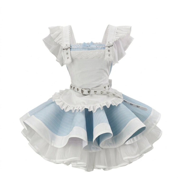 Black and White Striped Ruffled Lolita Dress with Belt Accent 商品画像