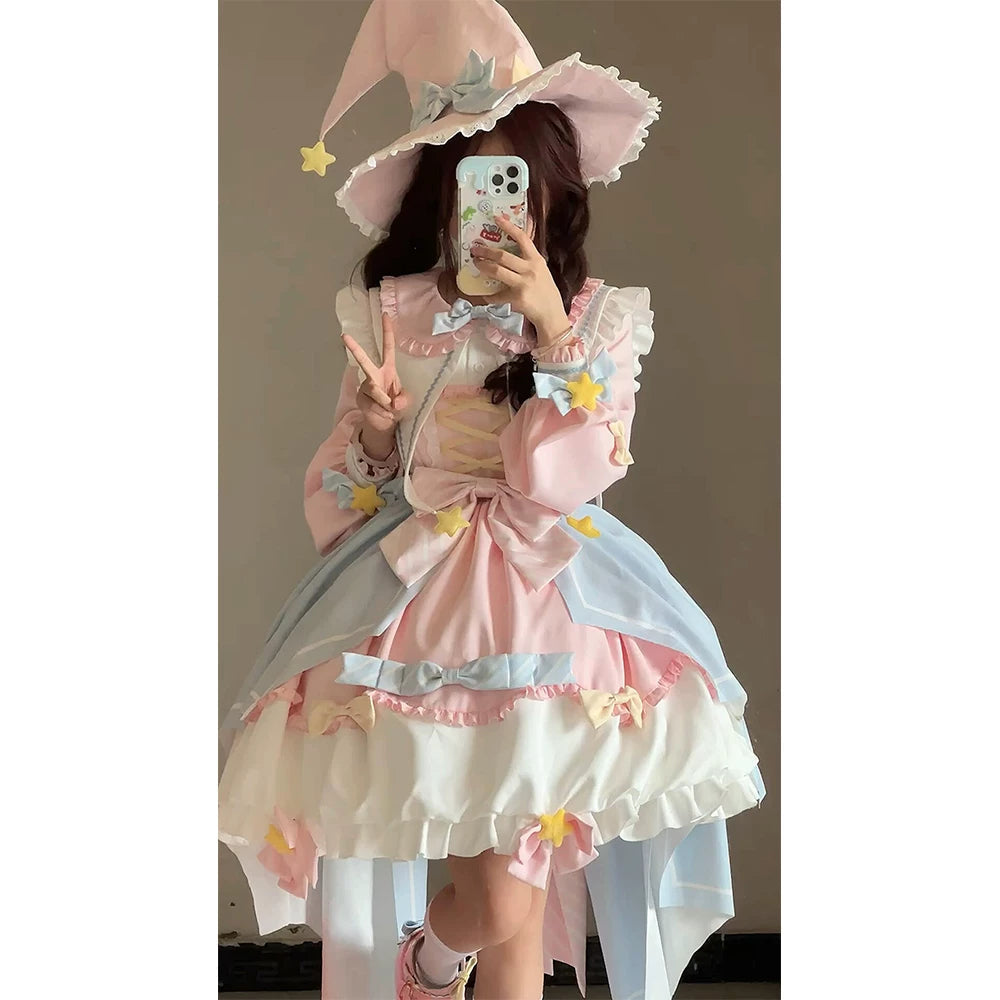 Blue Pink Star Long-Sleeve Sweet Lolita OP Dress with Train detail view 4