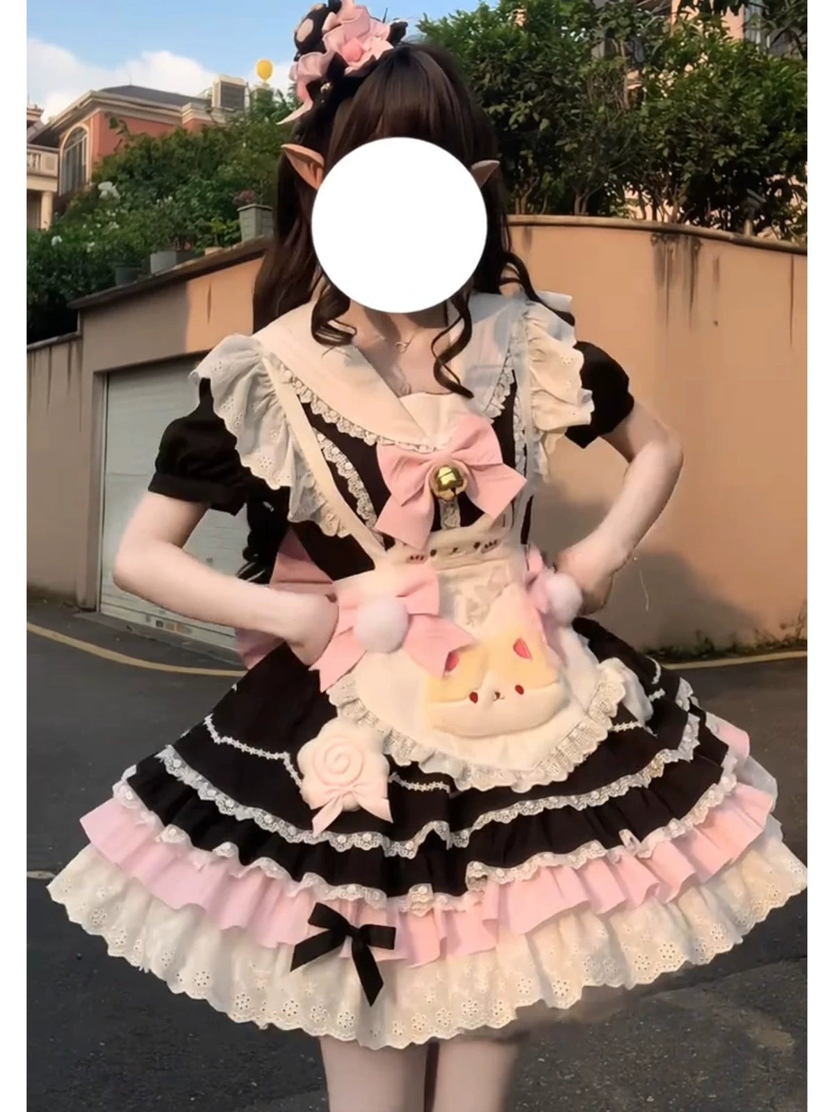 Black & Pink Maid Lolita Princess Dress + Apron Set detail view 4