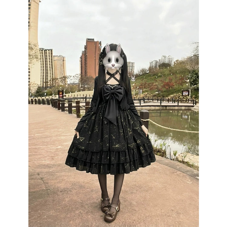 Black Shell Gold Print Sweet Lolita OP Dress Set detail view 4