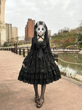Black Shell Gold Print Sweet Lolita OP Dress Set front view