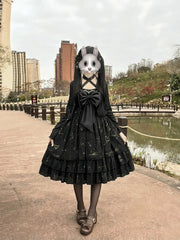 Black Shell Gold Print Sweet Lolita OP Dress Set front view