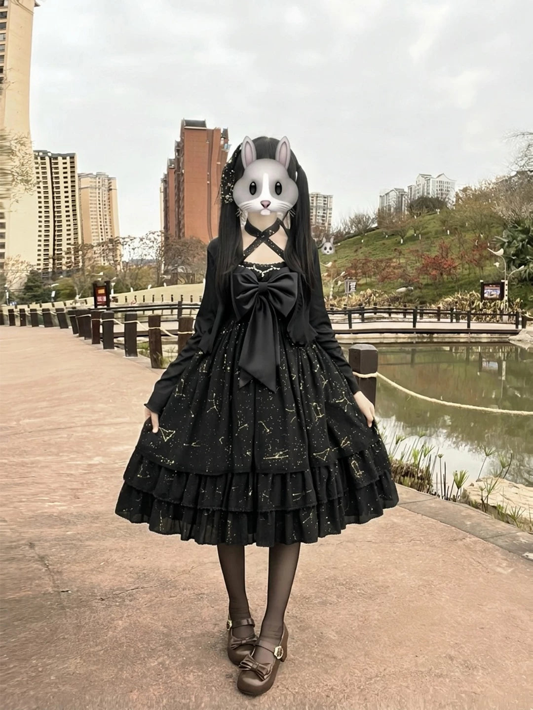 Black Shell Gold Print Sweet Lolita OP Dress Set front view