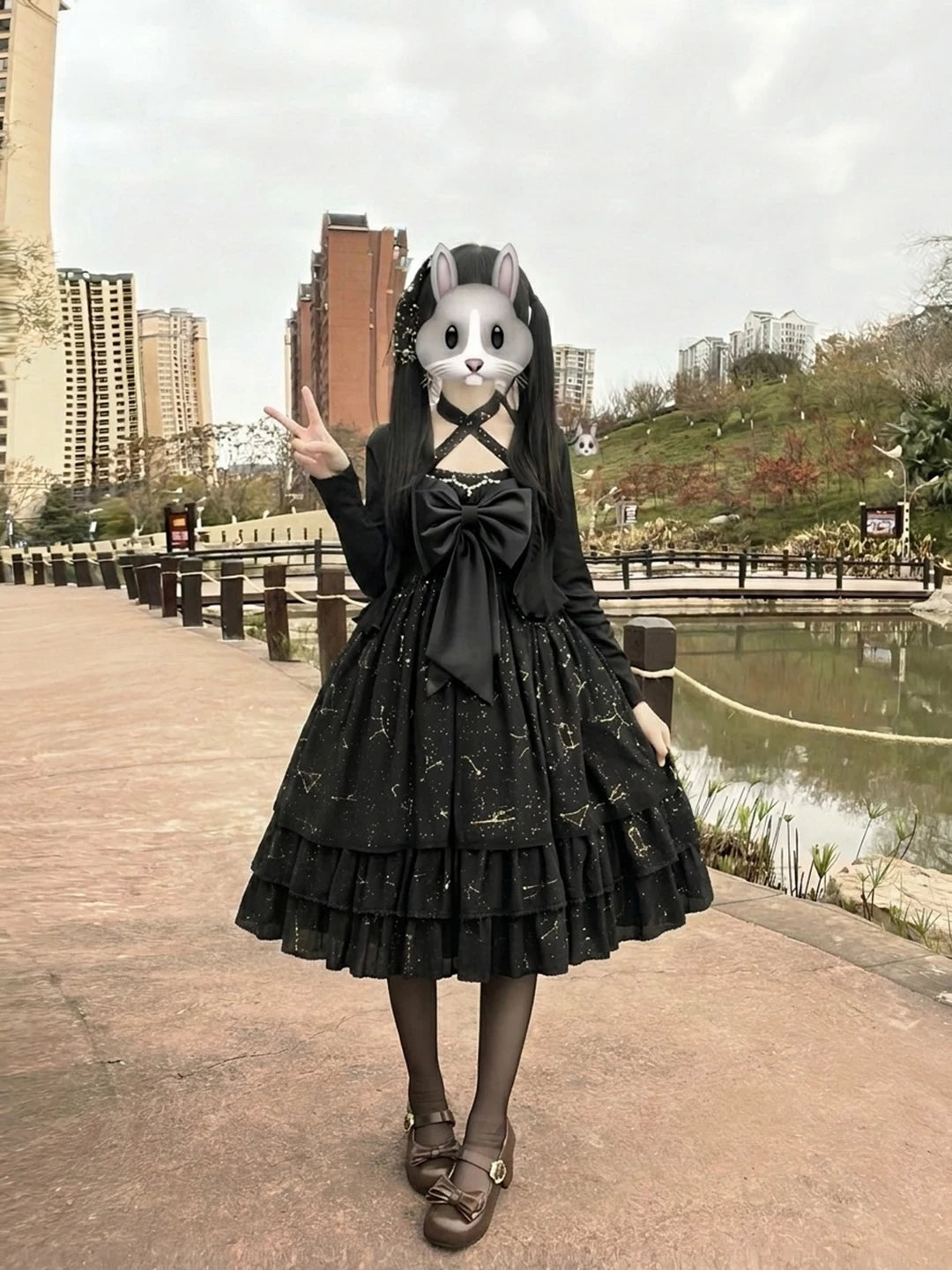 Black Shell Gold Print Sweet Lolita OP Dress Set detail view 2