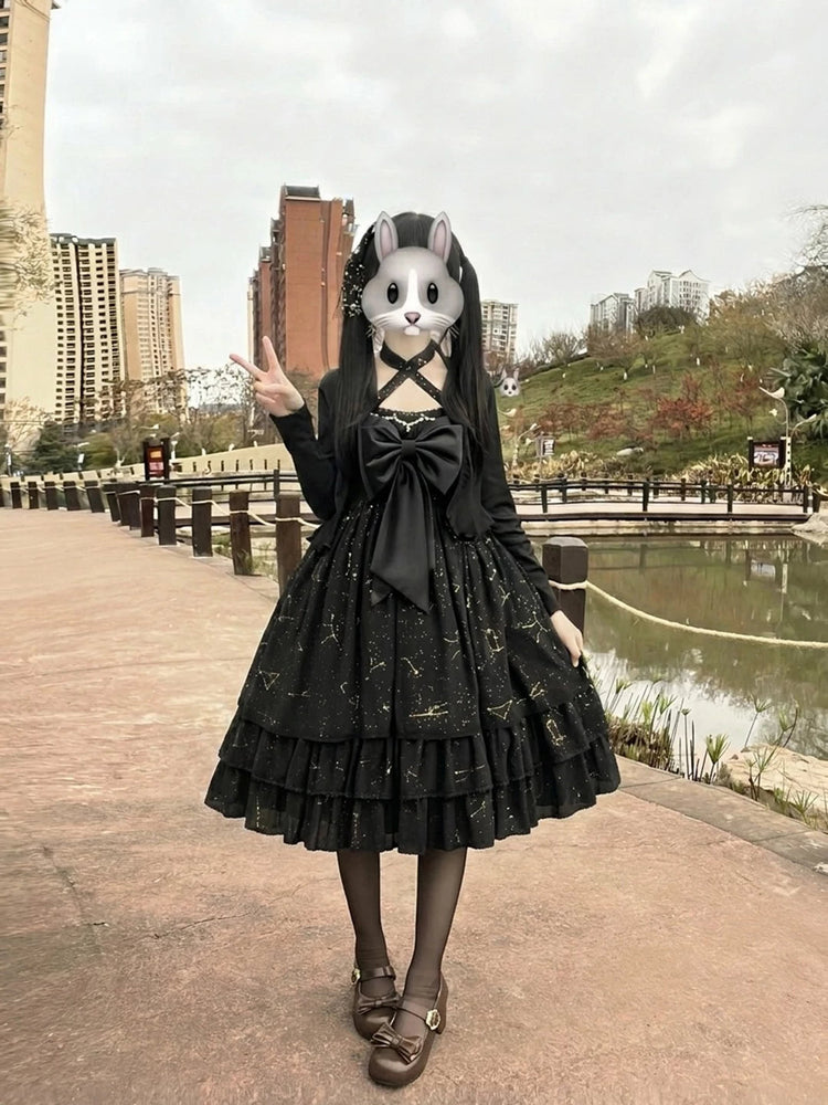 Black Shell Gold Print Sweet Lolita OP Dress Set detail view 2