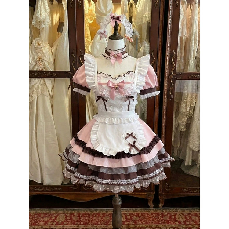 Pink White Brown Bow Apron Sweet Lolita OP Dress Set detail view 4