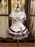 Pink White Brown Bow Apron Sweet Lolita OP Dress Set front view