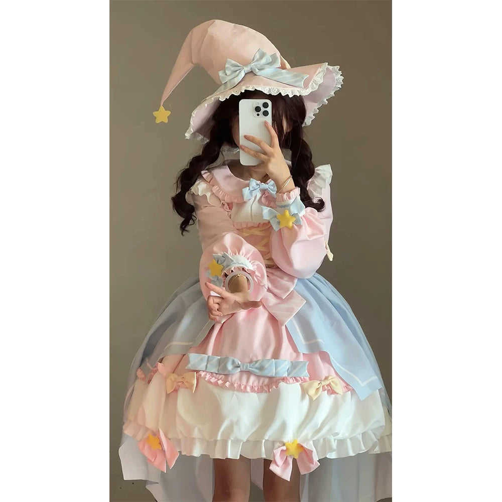 Blue Pink Star Long-Sleeve Sweet Lolita OP Dress with Train detail view 5