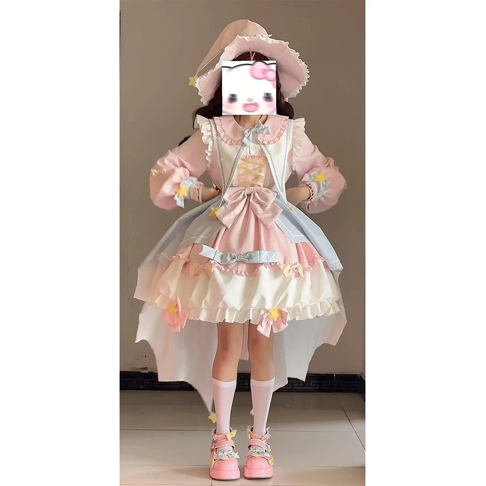 Blue Pink Star Long-Sleeve Sweet Lolita OP Dress with Train detail view 6