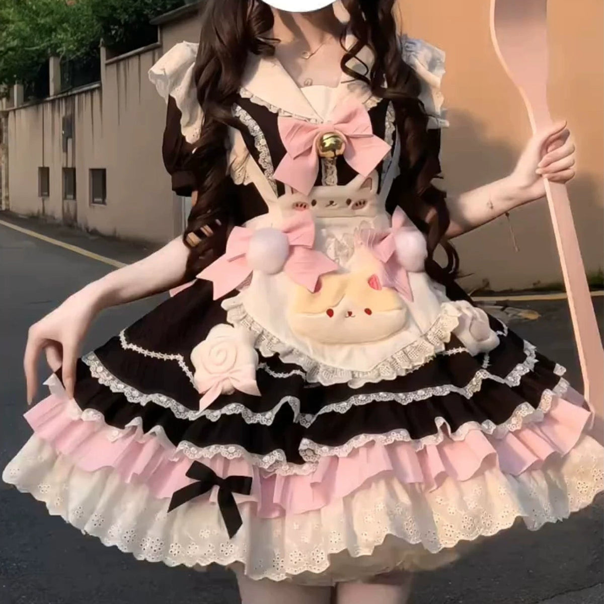 Black & Pink Maid Lolita Princess Dress + Apron Set front view