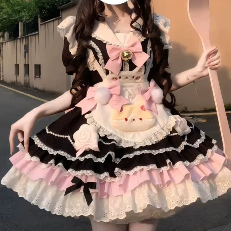 Black & Pink Maid Lolita Princess Dress + Apron Set front view
