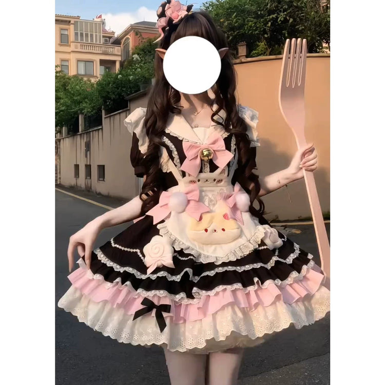 Black & Pink Maid Lolita Princess Dress + Apron Set detail view 5