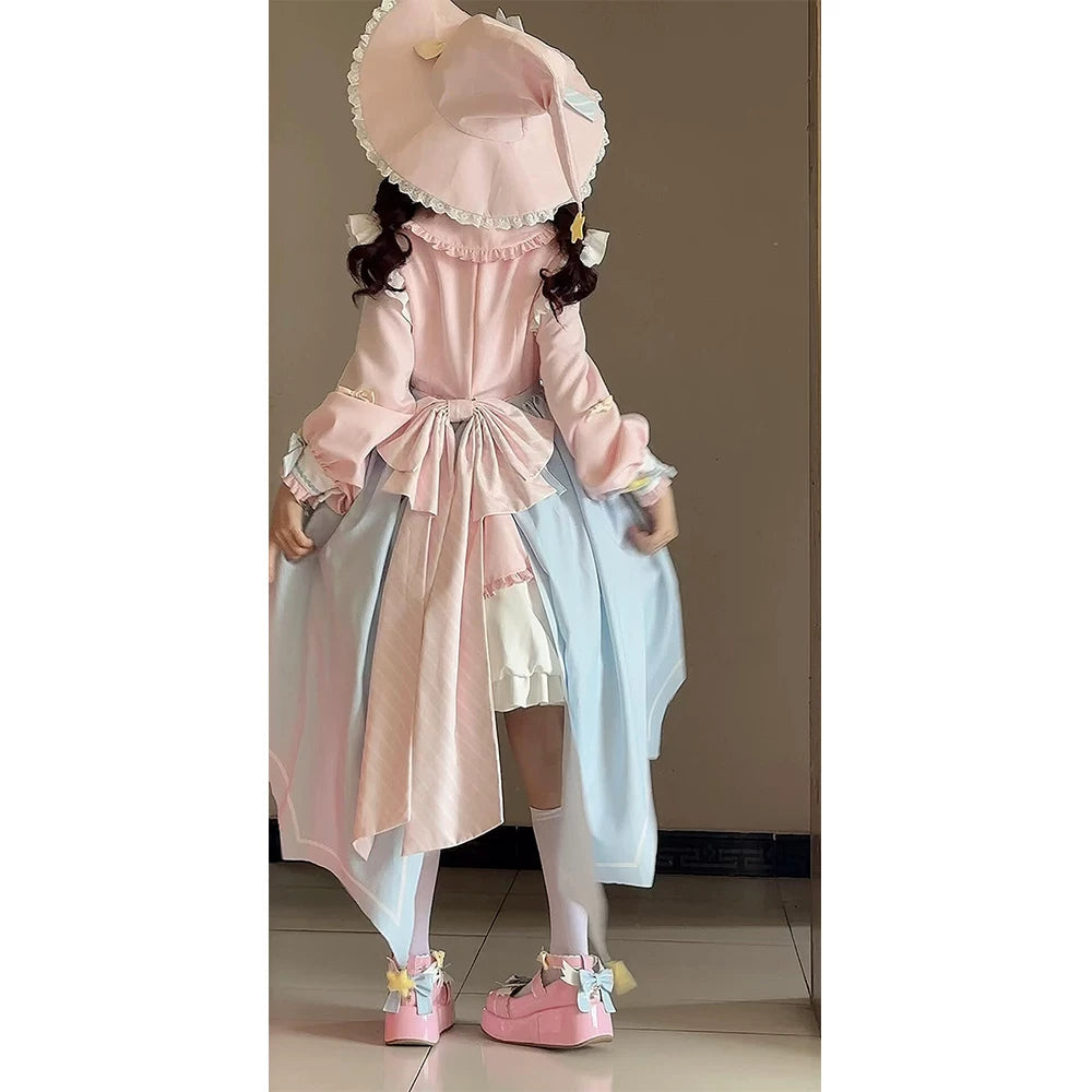 Blue Pink Star Long-Sleeve Sweet Lolita OP Dress with Train detail view 7