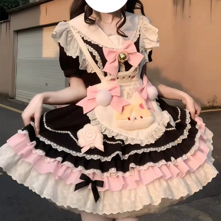 Black & Pink Maid Lolita Princess Dress + Apron Set detail view 3
