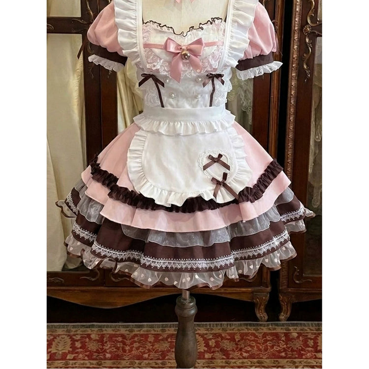 Pink White Brown Bow Apron Sweet Lolita OP Dress Set detail view 6