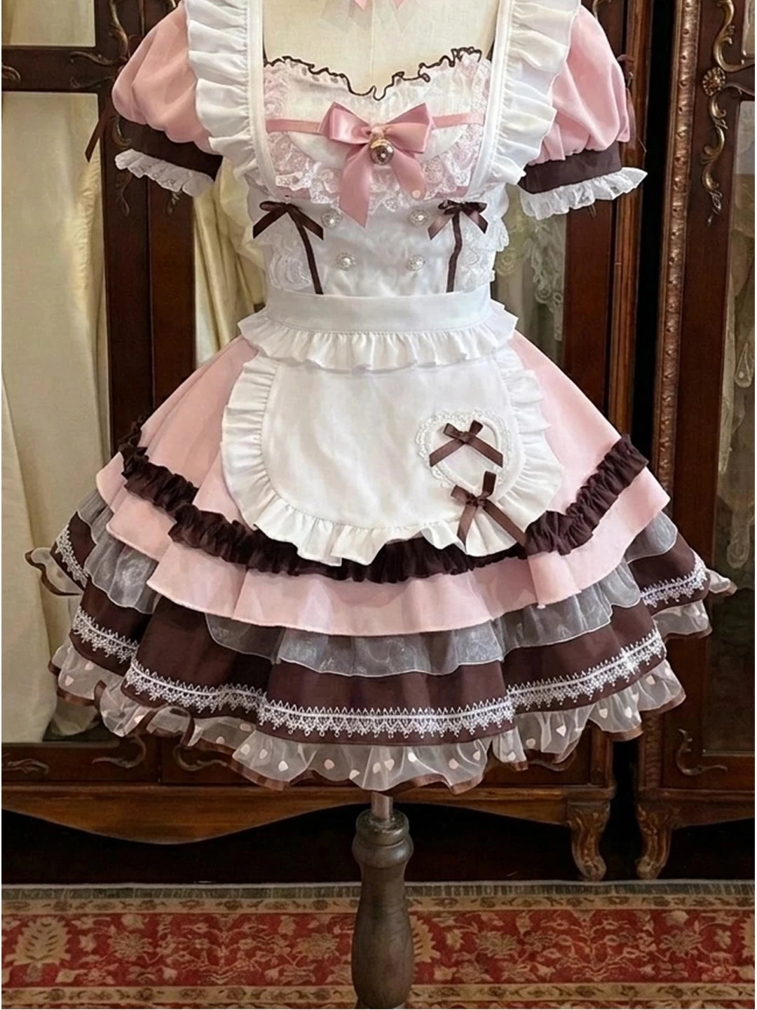 Pink White Brown Bow Apron Sweet Lolita OP Dress Set detail view 3