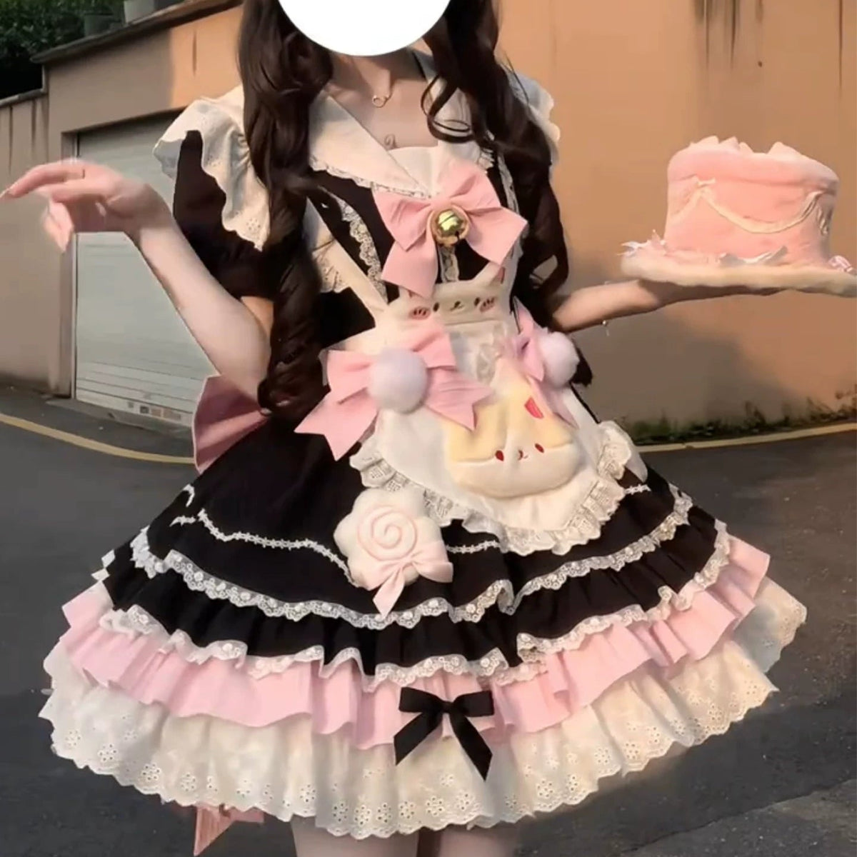Black & Pink Maid Lolita Princess Dress + Apron Set detail view 2