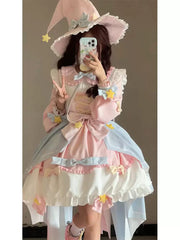 Blue Pink Star Long-Sleeve Sweet Lolita OP Dress with Train front view