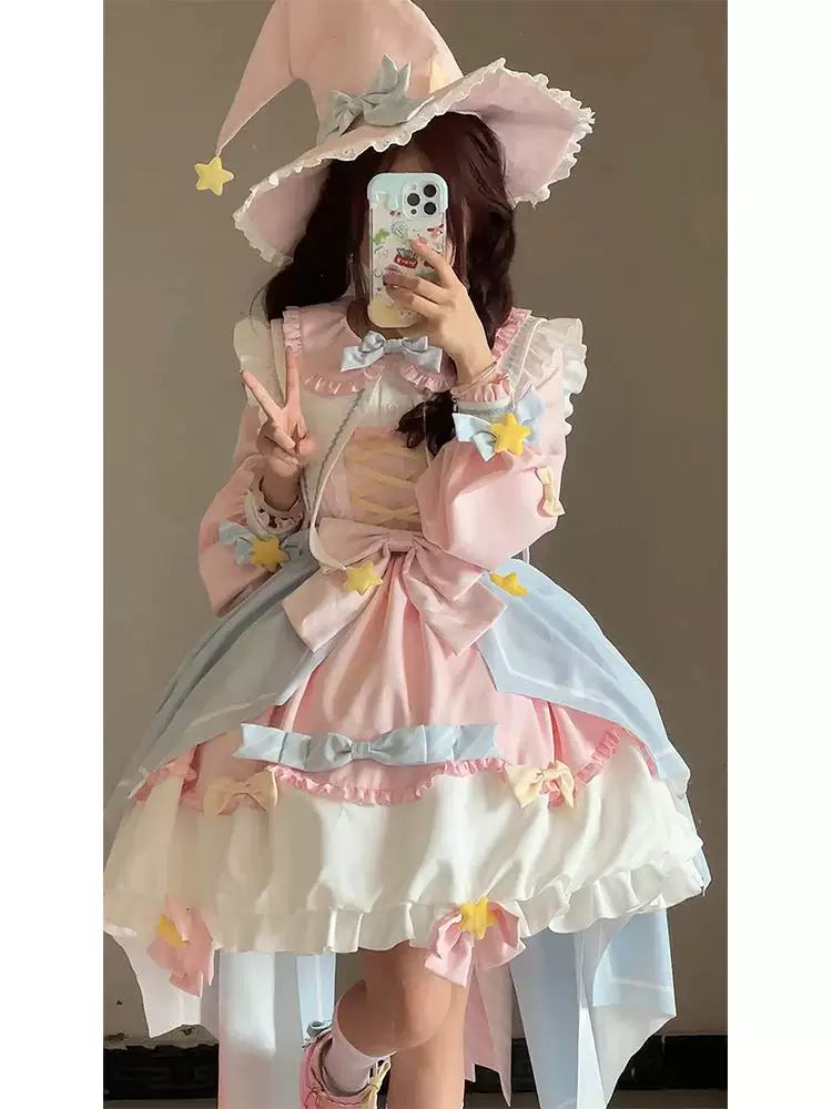 Blue Pink Star Long-Sleeve Sweet Lolita OP Dress with Train detail view 2
