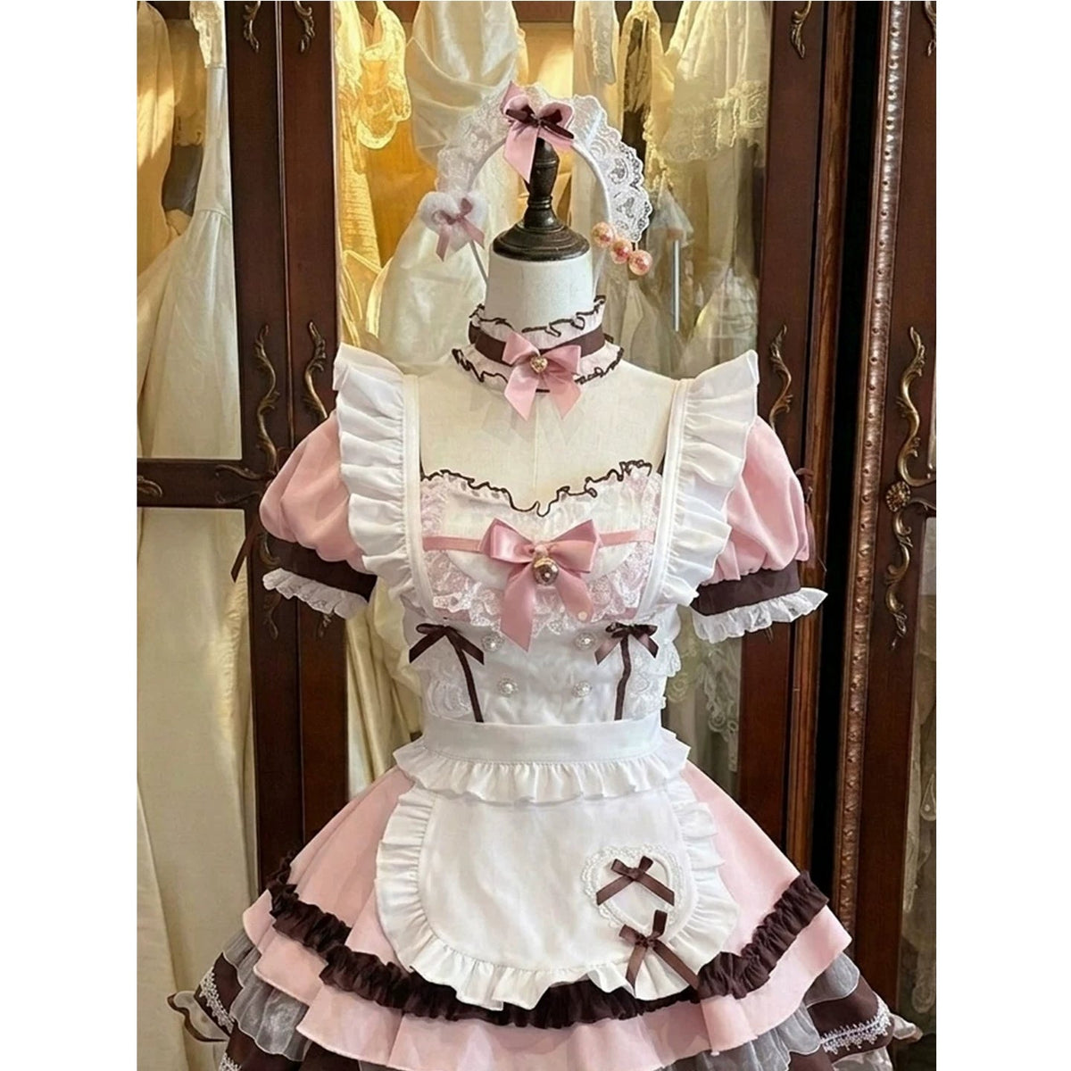 Pink White Brown Bow Apron Sweet Lolita OP Dress Set detail view 5