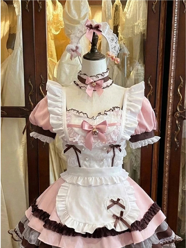 Pink White Brown Bow Apron Sweet Lolita OP Dress Set detail view 2