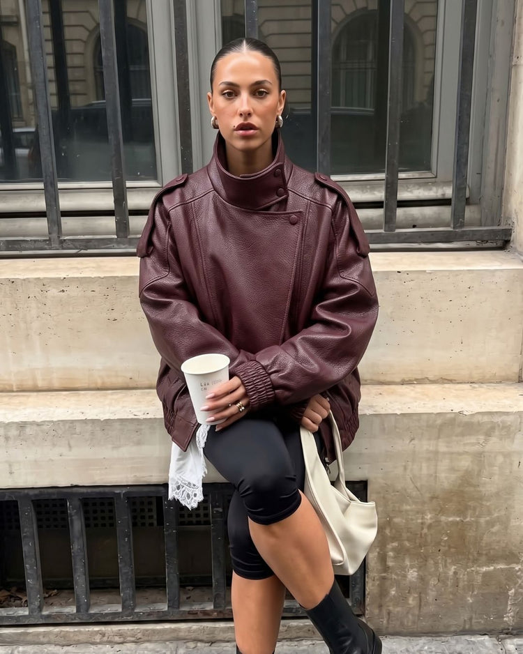 Stand Collar Leather Moto Jacket - view 6