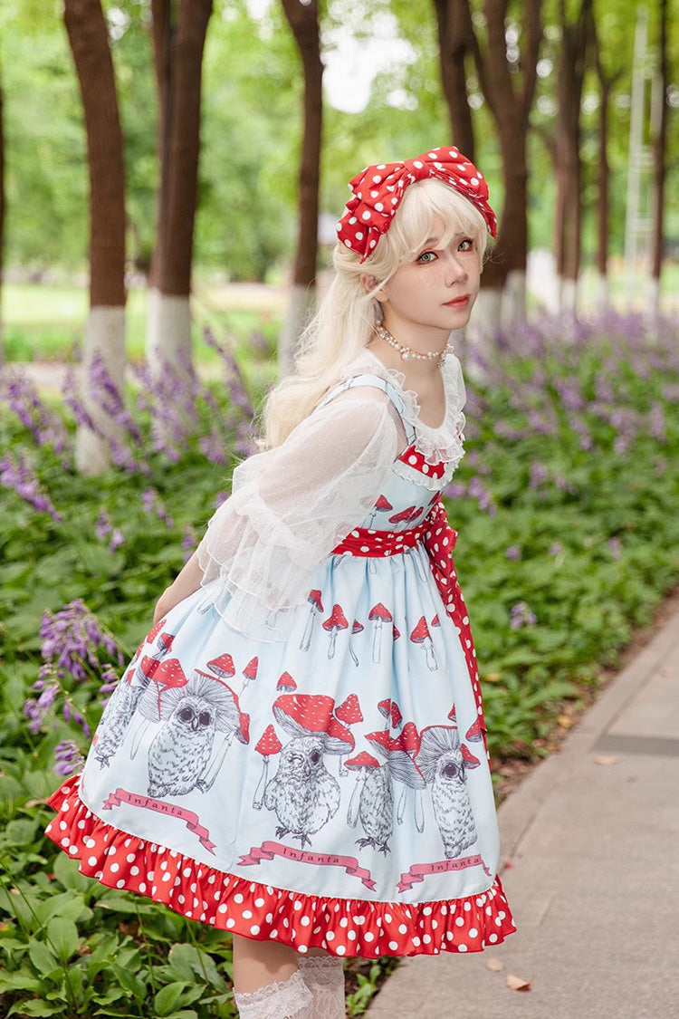 Cat Head Mushroom Print Ruffle Bowknot Sweet Lolita Dress 2 Colors - Product - 5