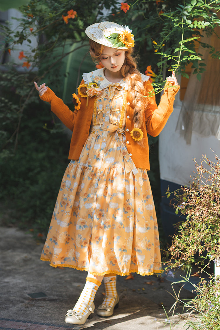 Yellow [Gardening Sunflower] Sleeveless Print Ruffle Bowknot Sweet Elegant Lolita Jsk Dress - Yellow - 1