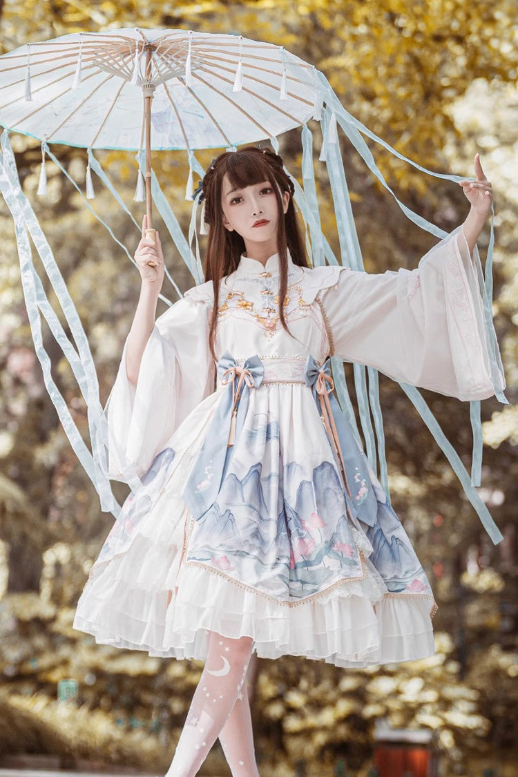 Chinese Style Long Sleeves Landscape Painting Print Bowknot Sweet Elegant Lolita Dress 2 Colors - White - 1