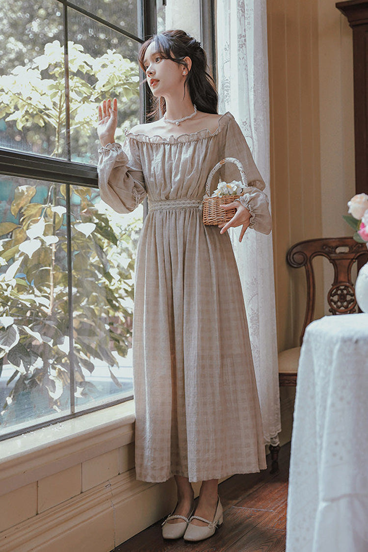 Khaki French Style Round Collar Long Sleeves Printed Classic Vintage Lolita Dress - Product - 3