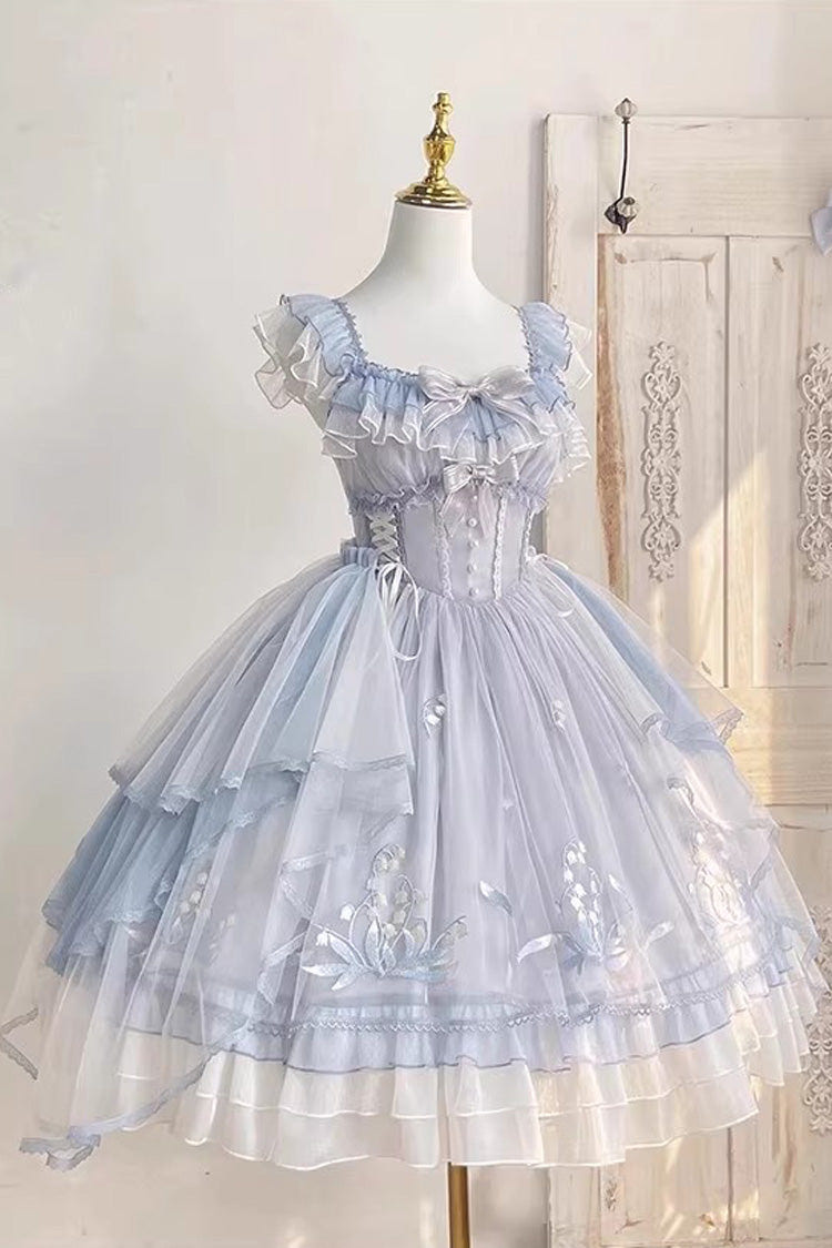 Blue [Love Is Coming] Multi-layer Ruffle Embroidery Bowknot Sweet Princess Lolita Jsk Dress - Blue - 1