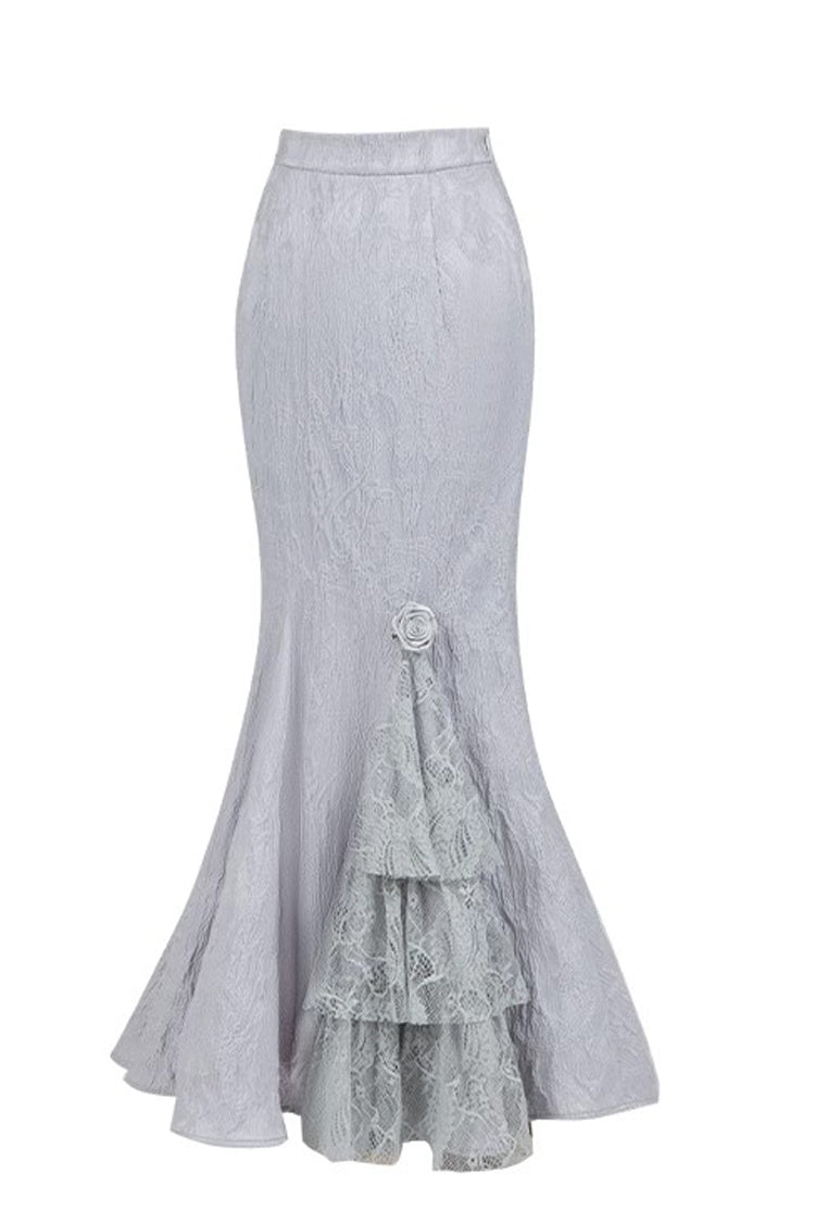 Silver Grey [Twilight] Ruffle Lace Irregular Gothic Witch Lolita Fishtail Skirt Set - Product - 5