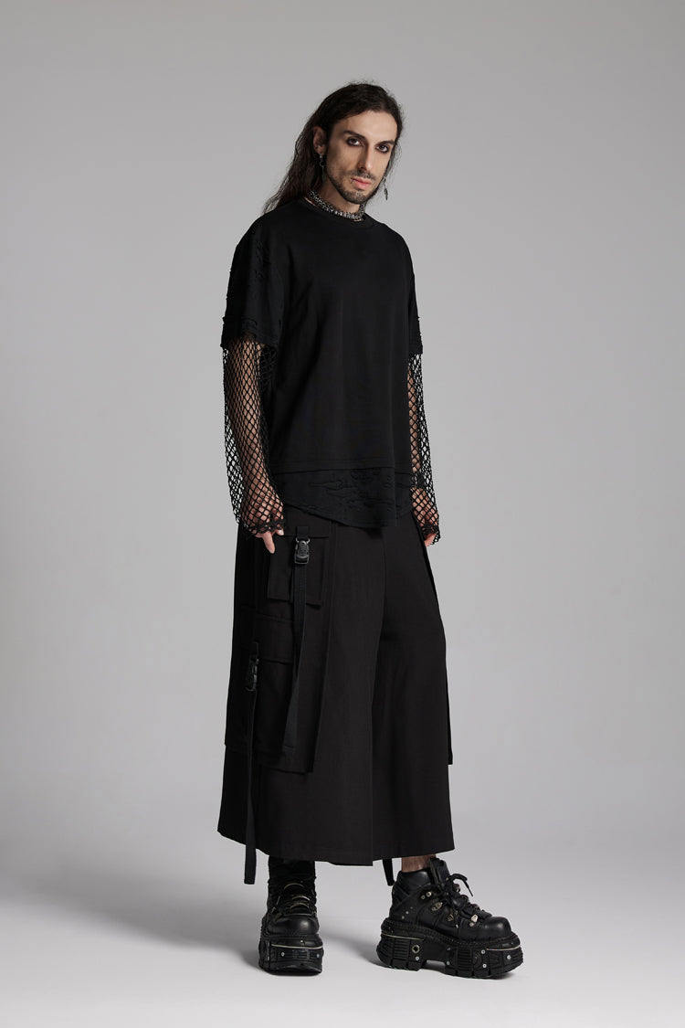 Black Round Collar Long Sleeves Mesh Ripped Men's Punk T-Shirt - Product - 4