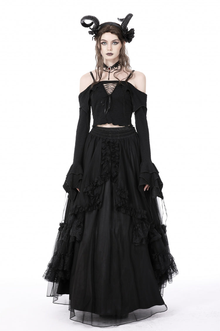 Black Off Shoulder Long Trumpet Sleeves Lace-Up Women's Gothic Sexy Crop Top - Product - 5
