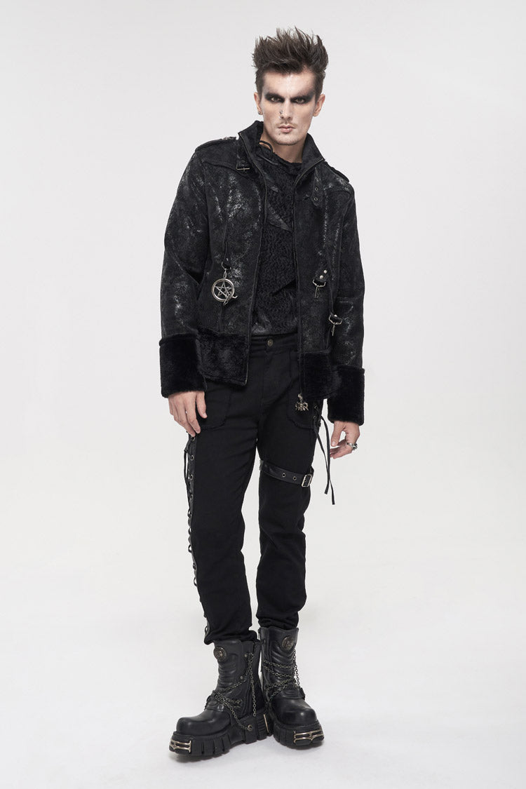Black Five Pointed Star Decoration Retro Suede Short Plush Men's Punk Coat - Product - 3