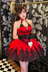 Red [Lace Cat] Halterneck Cut-Out Embroidered Gothic Ballet Lolita Jsk Dress - Red - 1