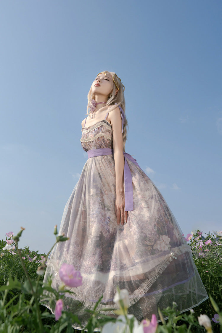 Purple [Oil Painting – In the Shade of Blossoming Trees] Sleeveless Print Ruffle Bowknot Lace Sweet Lolita Jsk Dress - Product - 9