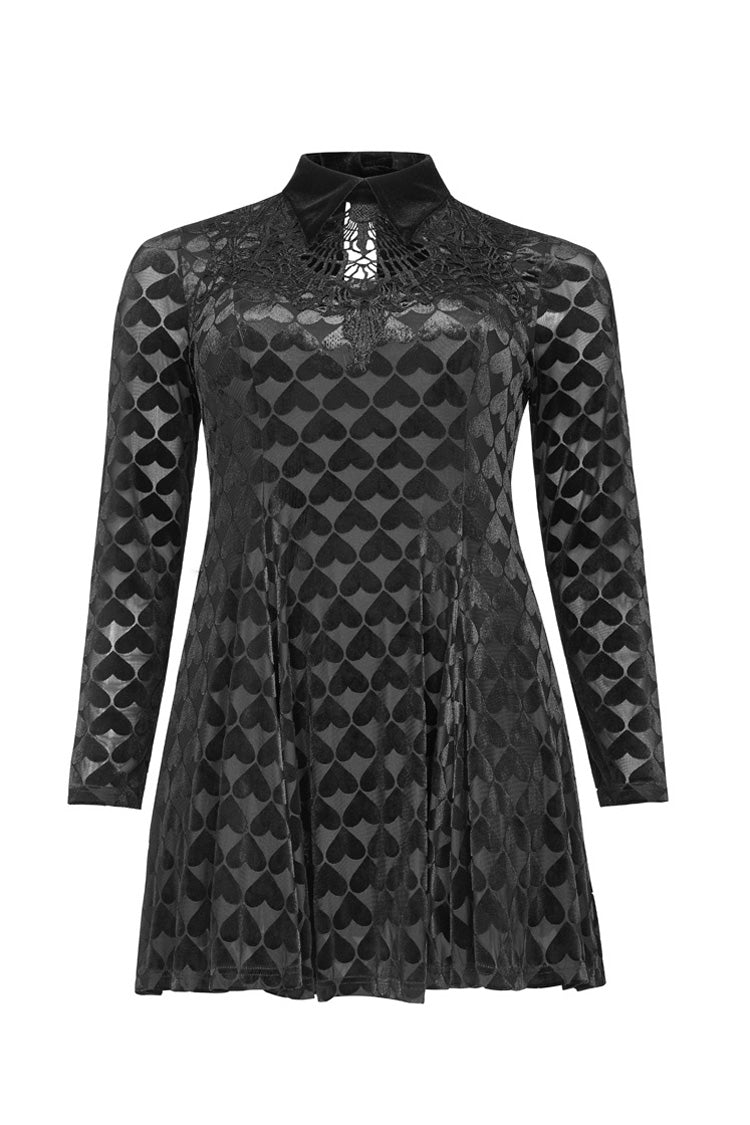 Black Front Chest Hollow-Out Decals Long Sleeve Back Waist Lace-Up Plus Size Mercerized Velvet Print Women's Gothic Dress - Product - 5