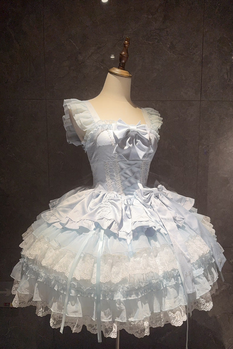 Blue [Misty Mountain Veil] Sleeveless Multi-Layered Ruffled Bow Lace Sweet Princess Ballet Lolita Jsk Dress - Product - 3