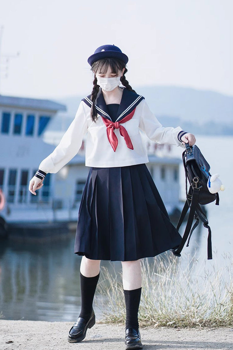 White/Dark Blue Long Sleeves Sweet Japanese School Skirt Set - Product - 15