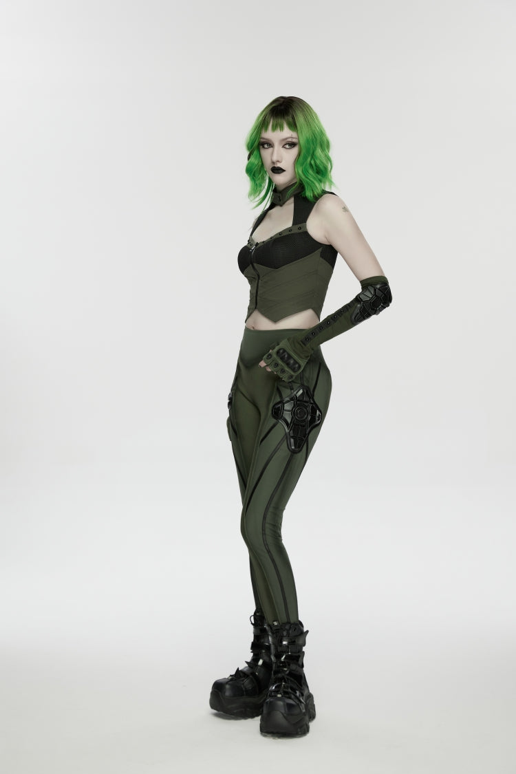 Black/Green Slim Women's Armor-Accentuated Paneled Punk Leggings - Product - 10